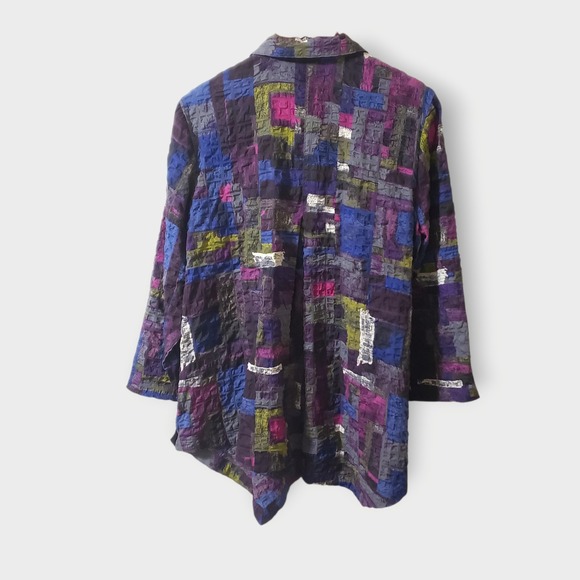 Habitat Clothing Purple Abstract Crinkled Textured Button Front Asymmetric Top M - Picture 4 of 12